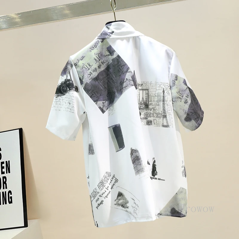 

BF Style Irregular Ink Printing Shirt Women 2021 Summer Tops Fashion Loose Casual Shirt Women Short-sleeved Button Up Shirt Top