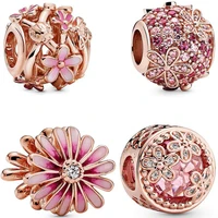 rose gold pink daisy charms 4 pieces fit pandora bracelet beads 925 sterling silver woman luxury jewelry pendant gift making