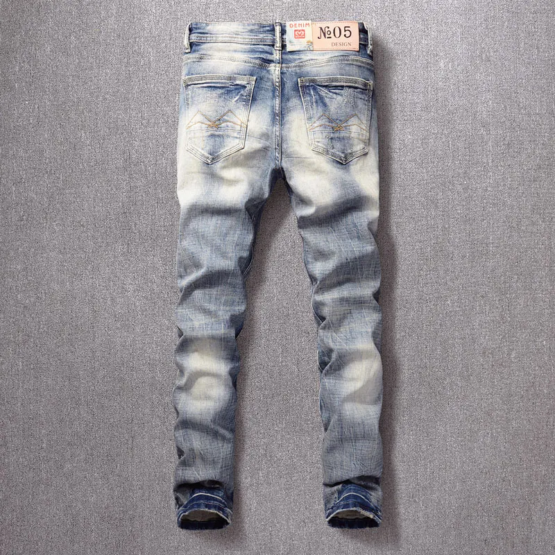 Italian Style Fashion Men Jeans High Quality Elastic Cotton Slim Fit Retro Washed Ripped Jeans Men Vintage Designer Denim Pants