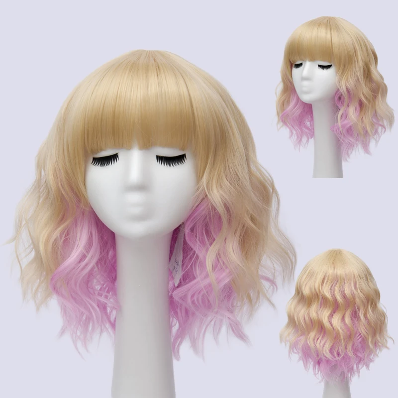 GAKA Synthetic Hair Women's Short Curly Green Purple Cosplay Wig with Bangs Heat-resistant Wig