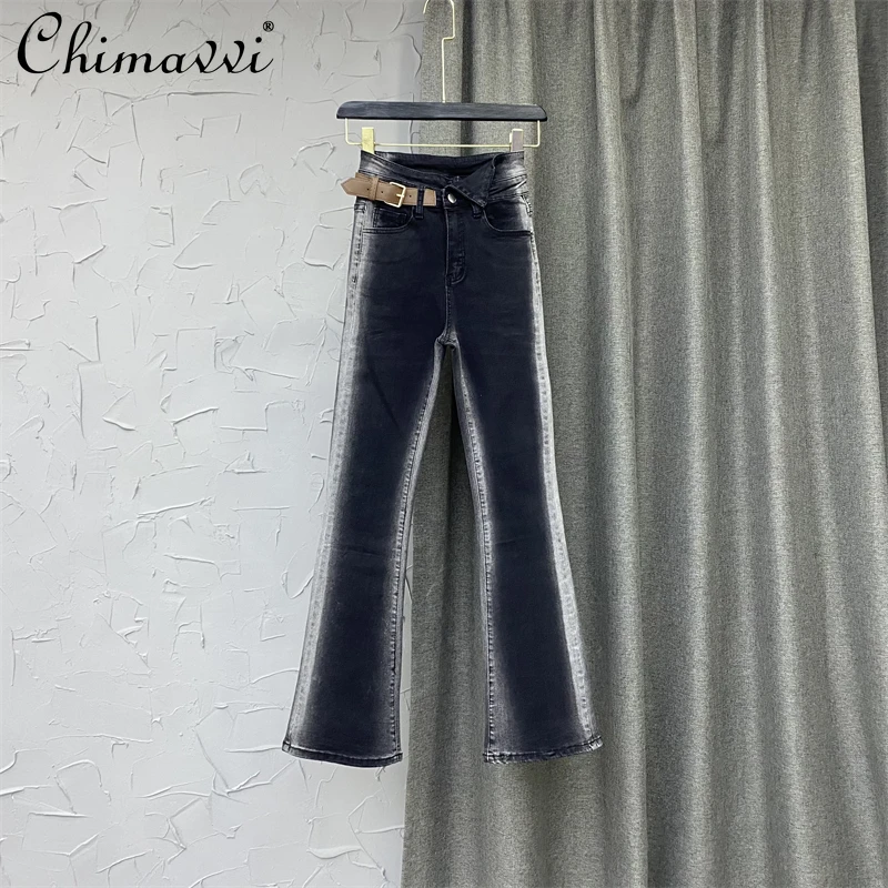

Women Wide Leg Casual Blue Pants 2022 Spring New High Waist Contrast Color Denim Trousers Female Korean Style Mop Jeans