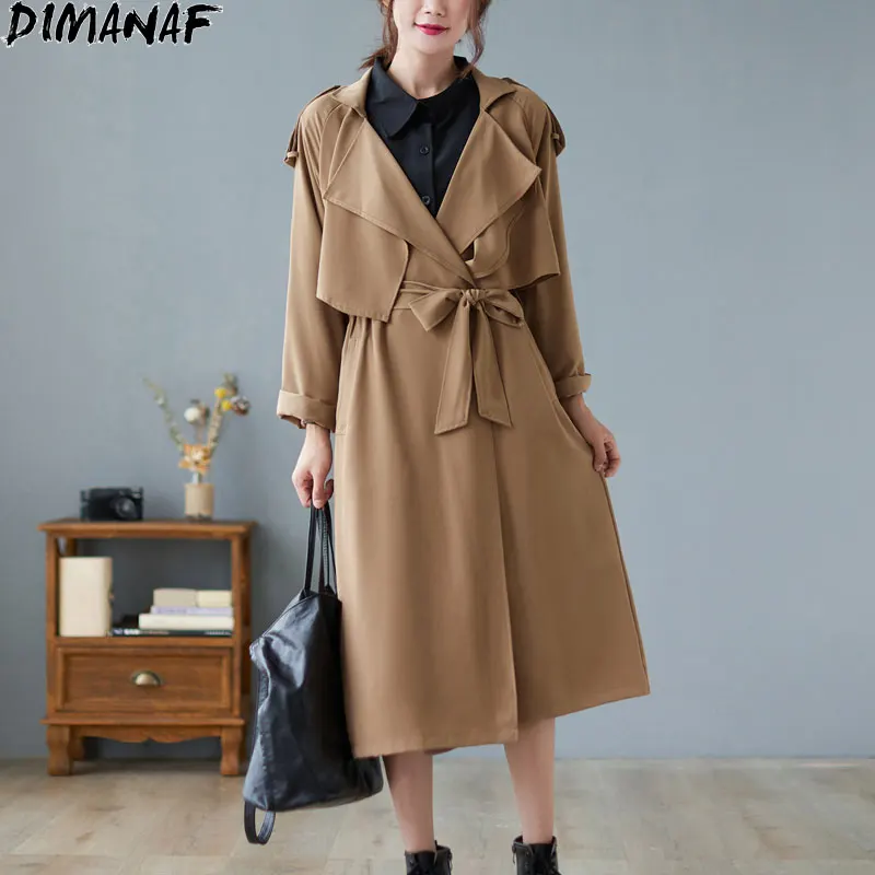

DIMANAF Women Autumn Jacket Coat Outwear Korea Full Sleeve Cardigan Female Oversize Thin Fall Belt Pockets Overcoat 2021 Coat