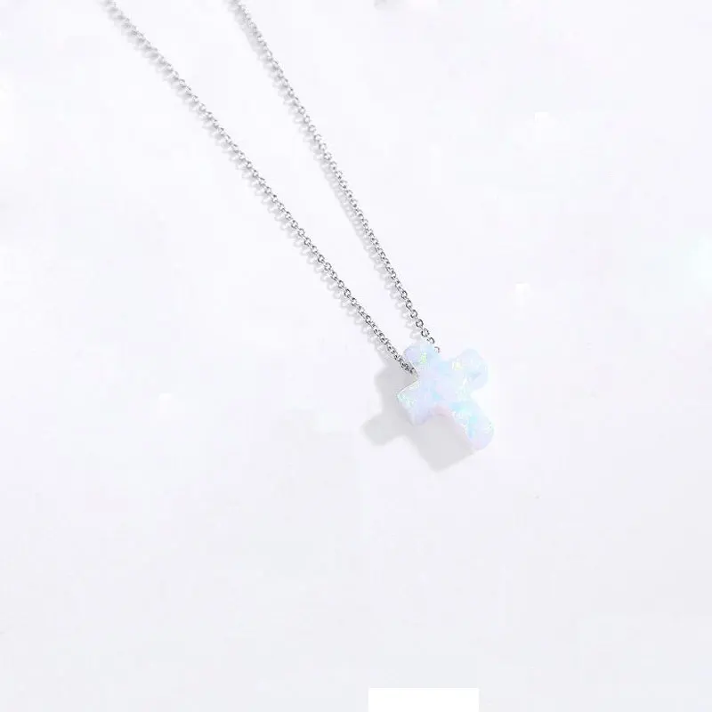 White Cable Chain KALETINE Новое Женское Ожерелье с опаловым крестом подлинное 925 пробы серебро с голубым камнем крест очарование синтетический опал ожерелье четки - Окраска металла: White Cable Chain