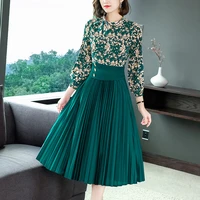 ladies elegant green pleated dress lantern sleeve stand collar bow vintage floral high waist button elegant midi dress for women