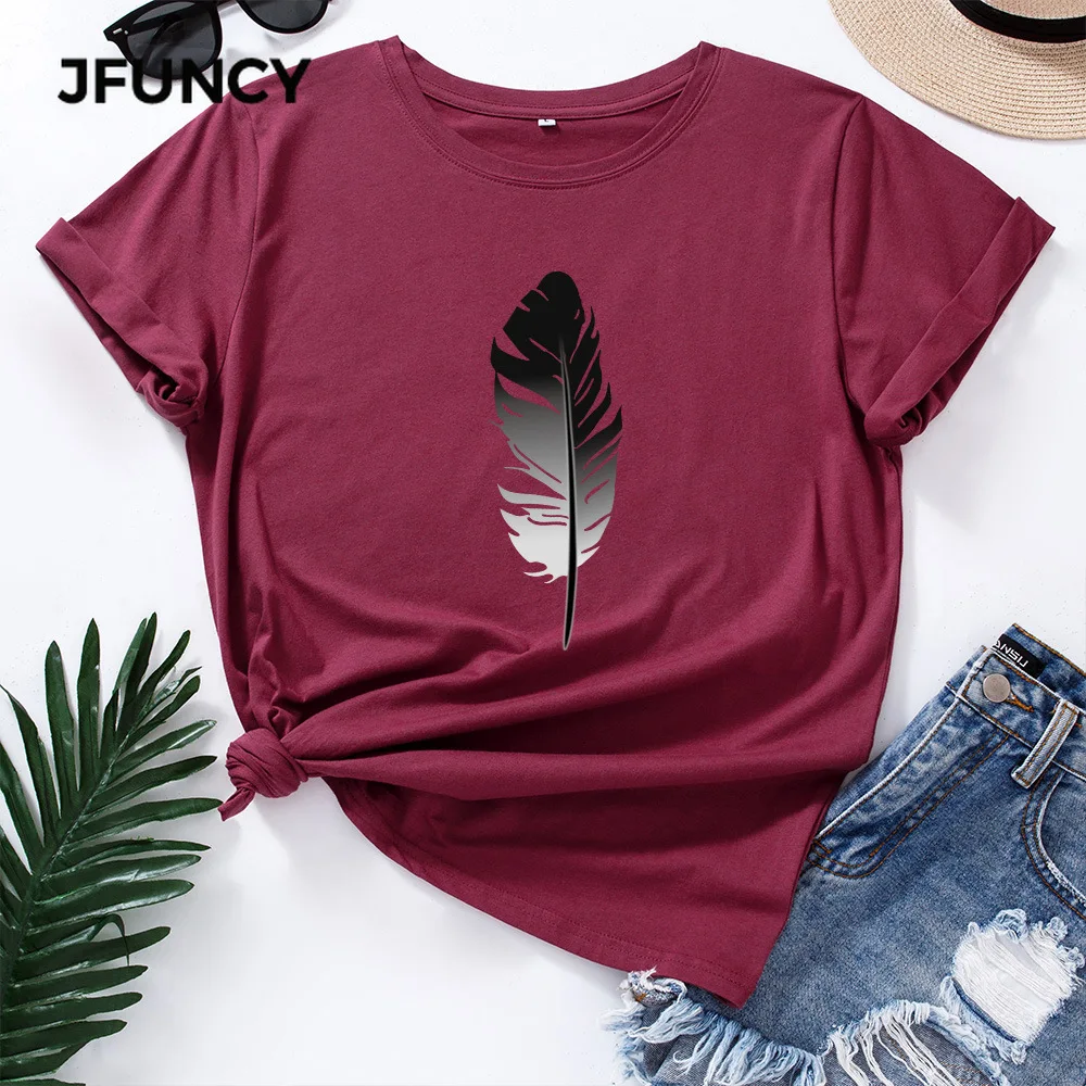 JFUNCY  5XL Women Cotton T-shirt Feather Print Loose Tees Short Sleeve Woman Casual Tshirt Summer Female Tops