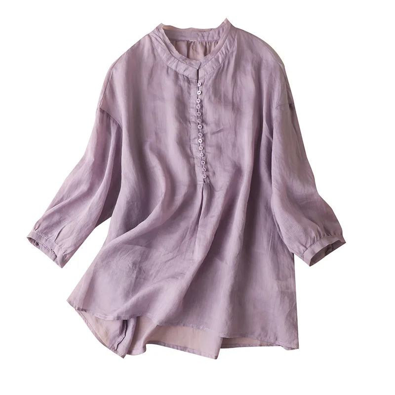 

SHUCHAN Button Up Women Shirt Three Quarter Sleeve Ramie Fashion Clothes Woman 2021 Tops Mujer New Women Tops Casual