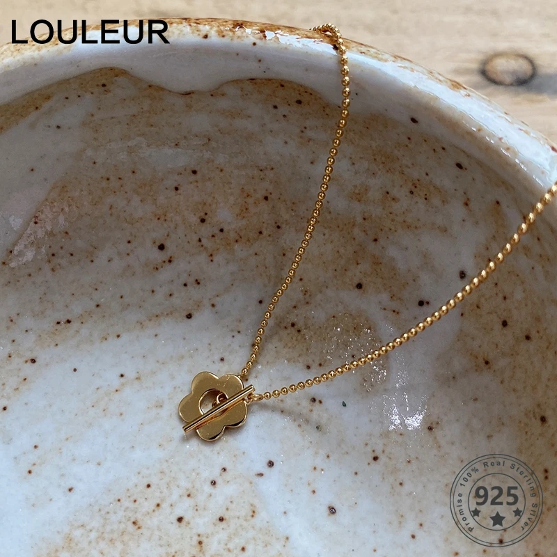

Louleur 925 Sterling Silver Flower Bead Chain Necklace High Quality Elegant Gold Pearl Necklace for Women Fashion Fine Jewelry