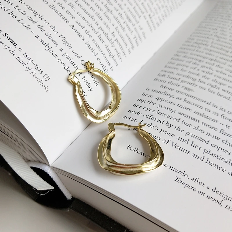 Серебро неправильной формы 925 пробы большие серьги-кольца широкие золотые серьги