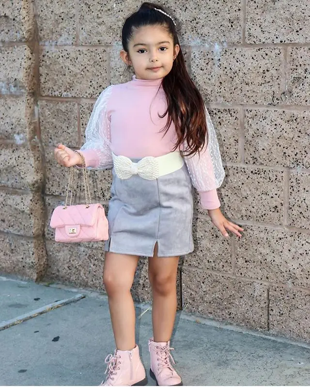 

New Baby Kids Girl Long Sleeve Lace Tops + Skirt Mesh Stitching Elastic Waist Simple Solid Color Princess Spring Clothing Set