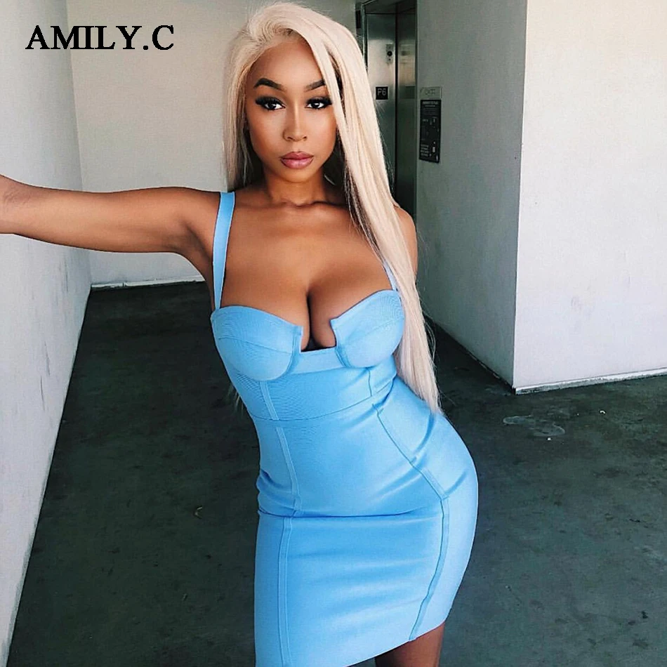 Женское облегающее платье Amily.c небесно-голубое желтое розовое красное на тонких