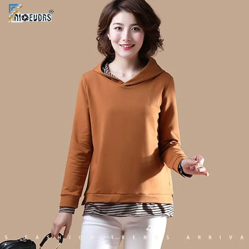 

Winter Hoodies Sweatshirts Hot Sales Women Fashion Long Sleeve Casual Patchwork Stripe Tops Hooded Hoodies Faux Two Piece N128