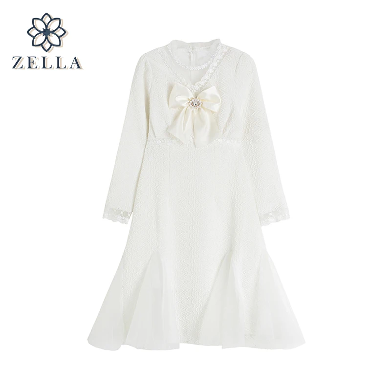 

Women French Lace Vintage Dress Fashion Bow Long Sleeve Elegant One Piece Dress Korean High Street Slim Midi Dresses 2022 Spring