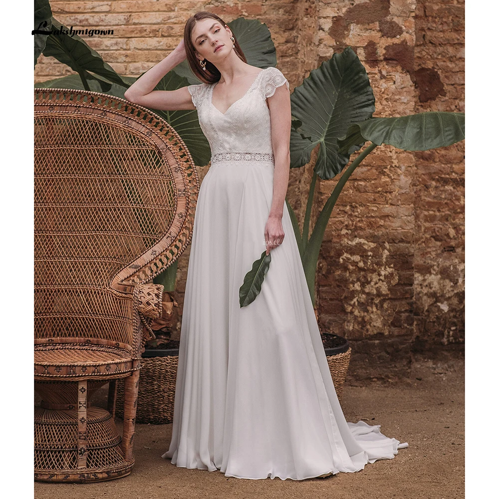 

Boho Beach Simple Short Sleeve V Neck Lace Top Chifffon Backless Wedding Dresses vestido de noiva manga curta 2021 Lakshmigown
