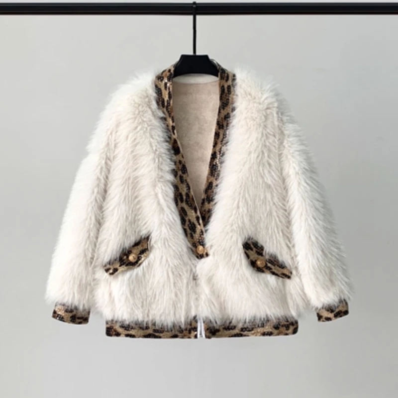 

Зима 2021 Новое тосканское леопардовое пальто с v-образным вырезом, женское корейское тонкое пальто с блестками, Женское пальто, уличная одежд...