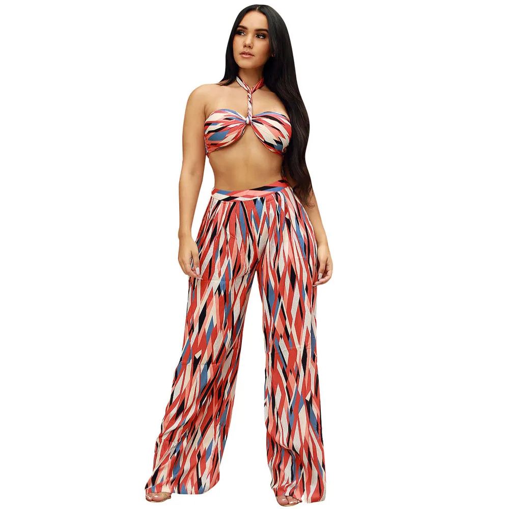 Bohemian Style Women's New Summer Hot Style Sexy Necktie Fashion Print Two-piece Set 6150