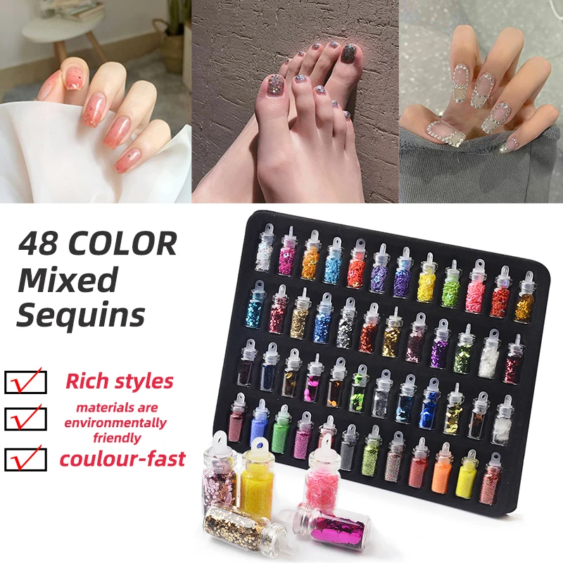 

DingDian48 Bottles/Set Nail gems Art decorations Sequins Glitter Rhinestones Powder Manicure Tips Stickers Mixed Design Case Set