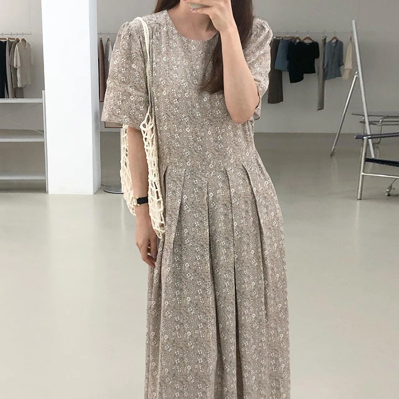 

Summer New Fashion Temperament French Retro Vestidos Female Round Neck Tie Waist Pleated Puff Sleeve Floral Midi Dress KK136