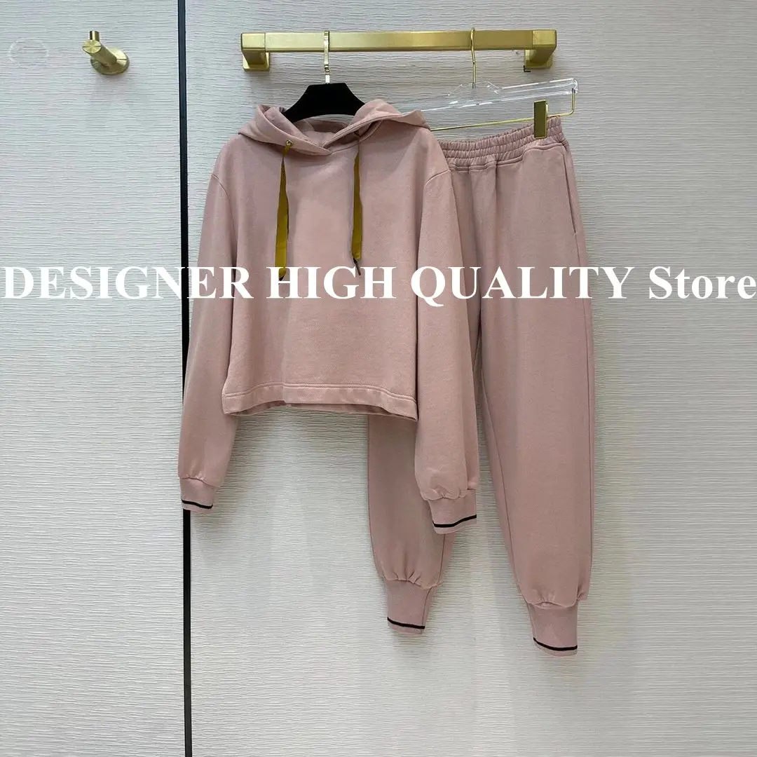 2021 New Spring Tracksuit Women Ribbon Drawstring Hooded Hoodies Pullover With Long Pants Casual Cotton 2 Piece Set Suit