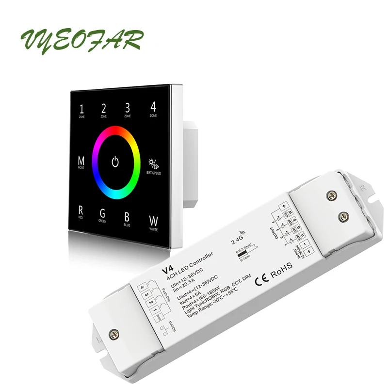 

New Touch Panel Led RGBW Strip Controller 100V 240V 4 Zones 2.4GHz RF Remote 5A 4 Channel Wireless Receiver RGB String Tape Use