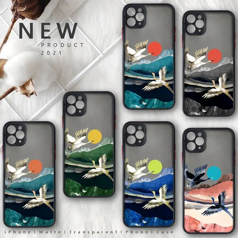 

Chinese style Red-crowned crane Phone Case for iphone 11 12 13 pro max mini 7 8 plus SE2020 X XS XR TPU Matte Transparent funda