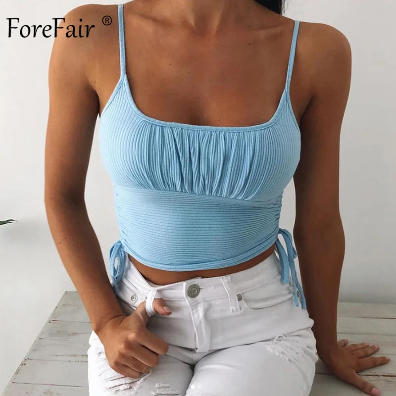 Женский укороченный топ на завязках Forefair синий ребристый регулируемый Топ