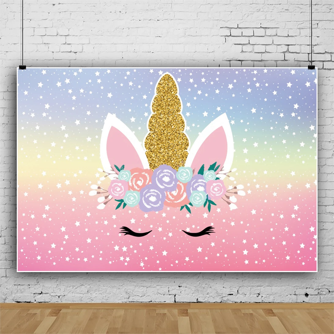 

Laeacco Gradient Color Unicorn Photo Background Shiny Star Polka Dots Baby Shower Birthday Customize Poster Photography Backdrop