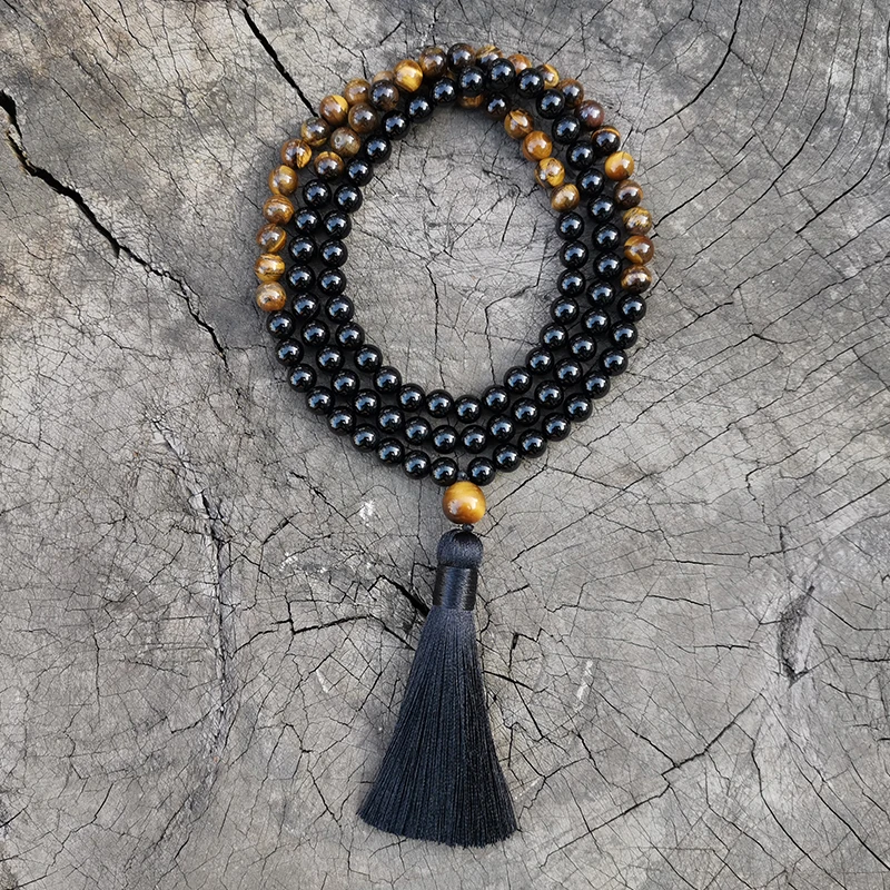 Тигровый глаз 8 мм набор из черного оникса и японской малы защитный медитация