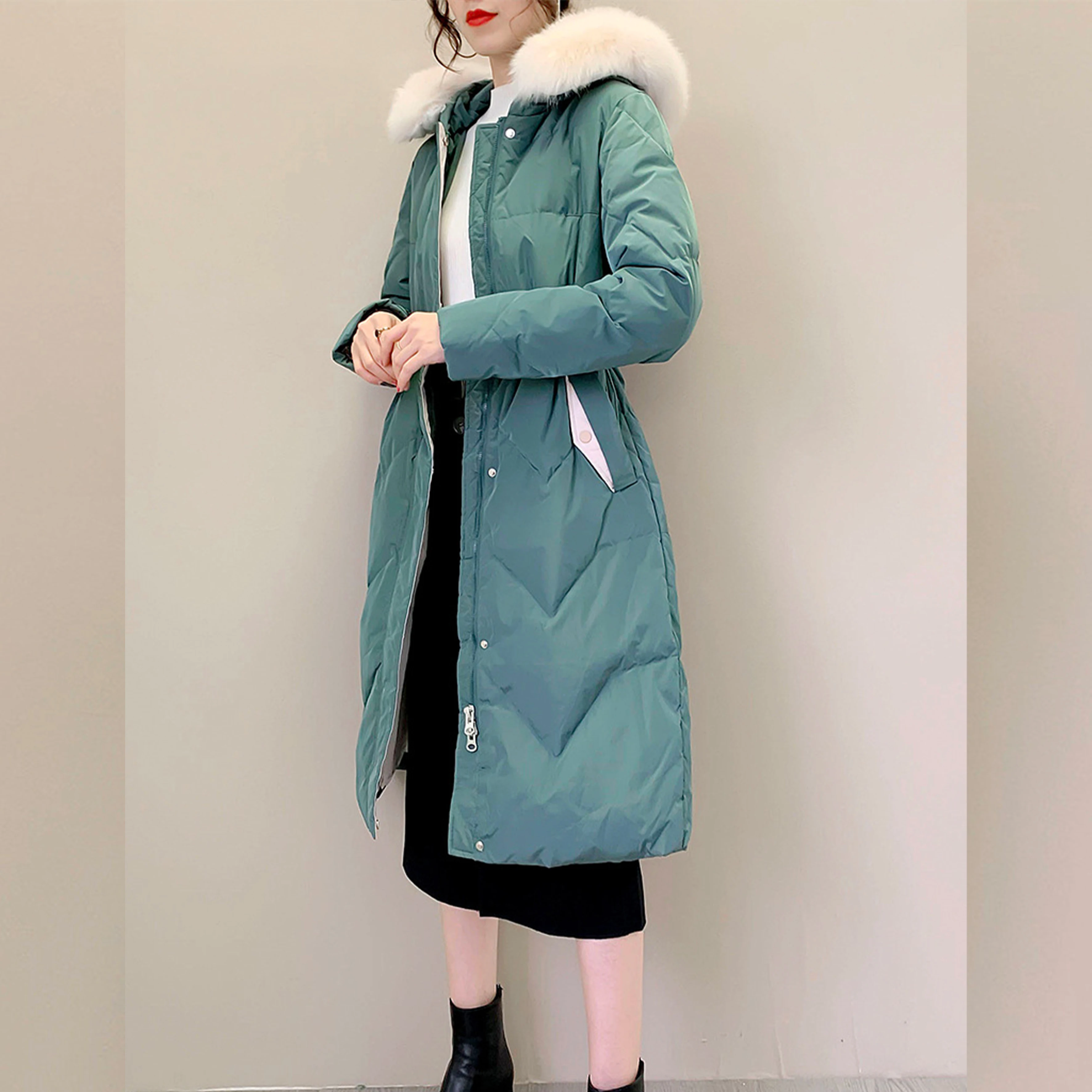 

FNOCE womens down jackets 2020 winter fashion elegant long sleeve hooded Natural FOX FUR collar thickened warm women parka coats