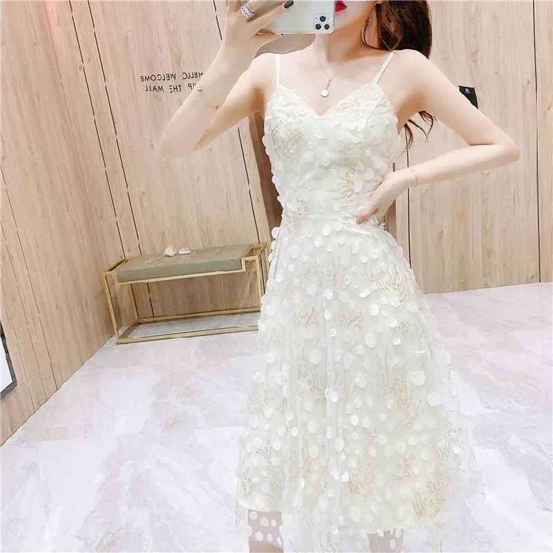 

2021 summer new fashion sexy suspender skirt V-neck halter skirt dress waist mesh chiffon dress