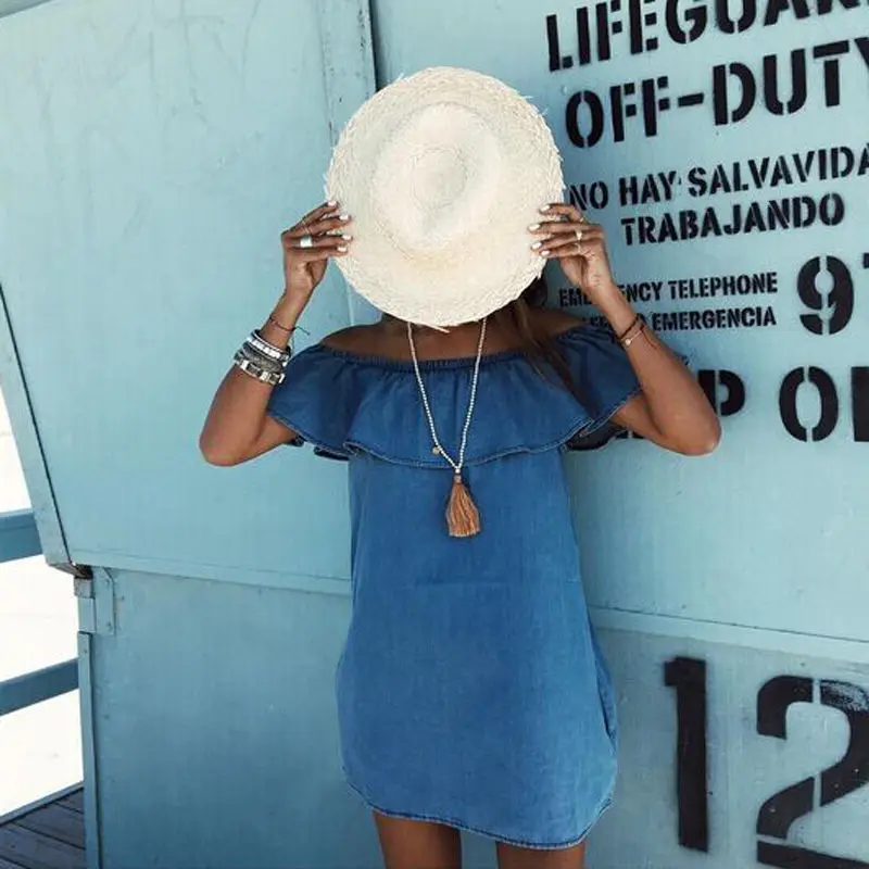 2018 Брендовое Новое модное женское платье летнее с открытыми плечами синее