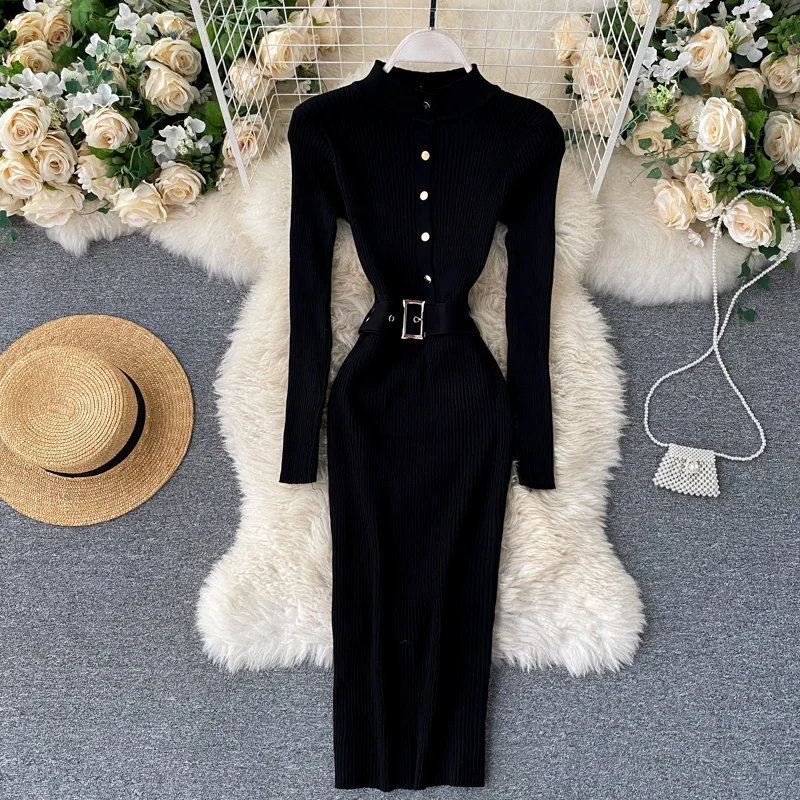 

New 2021 Autumn Winter Knitted Dress Women Casual Long Sleeve Button Up Sweatre Dresses Ladies Sexy Bodycon Party Dress Vestidos