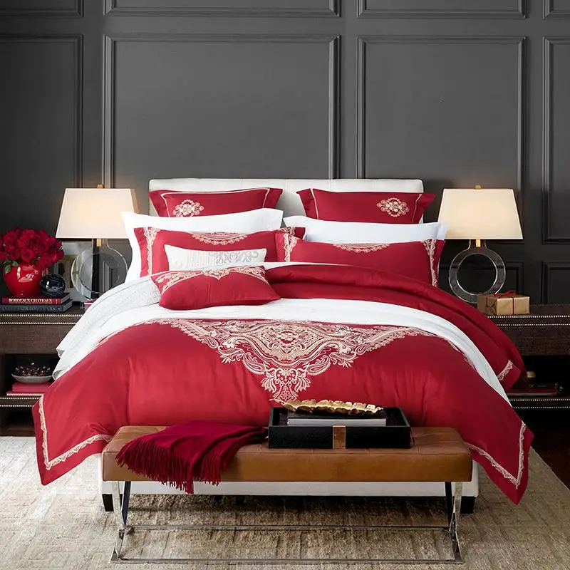 

42Red egyptian cotton bedding sets Luxury embroidery wedding bed set queen king size duvet cover bed sheet set pillowcase 4/6pcs