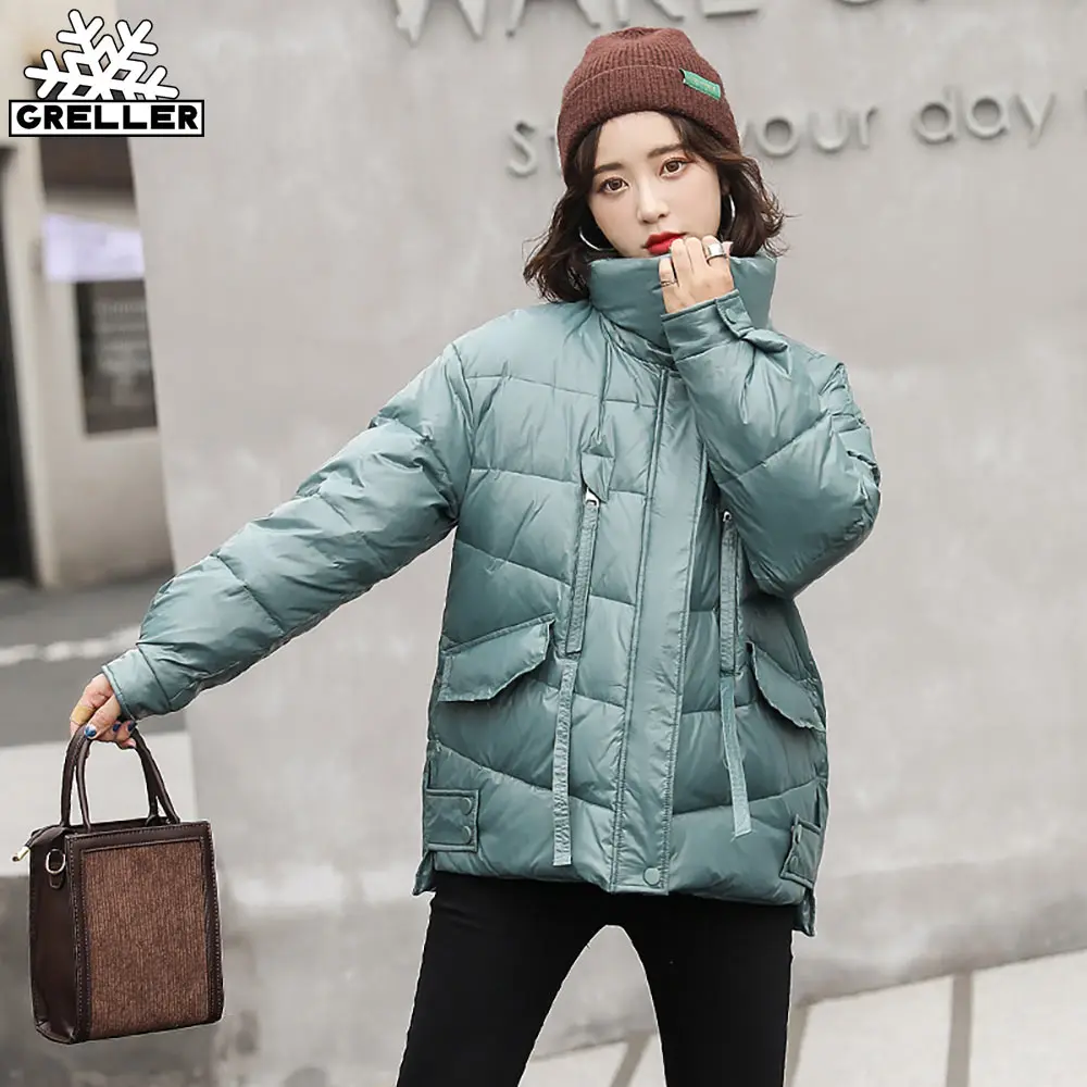 

GRELLER Warm Short Cotton Padded Jacket Parkas 2021 New Stand Collar Autumn Winter Coats Women Long Sleeves Elegant Outwear
