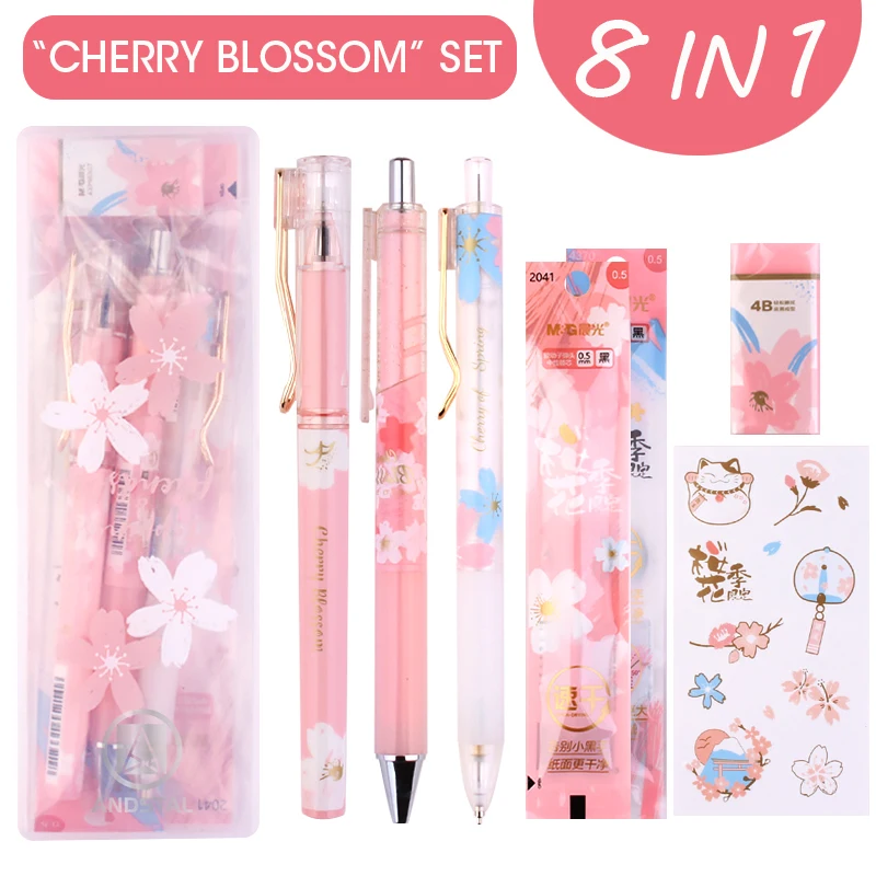 

M&G Kawaii 8pcs/lot "Cherry Blossom" Stationery Set include PP box Gel Pen Pencil Eraser Refill Cute Gift Stationary school set