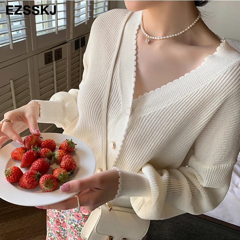 Свободный свитер EZSSKJ короткий вязаный кардиган с пышными рукавами куртка пальто