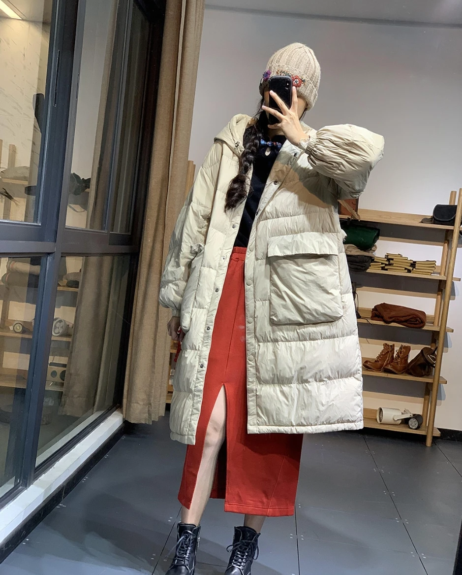 

2020 модная новинка с капюшоном большой карман пуховик свободного размера плюс выше колена Теплый длинный белый пуховик женский черный хаки