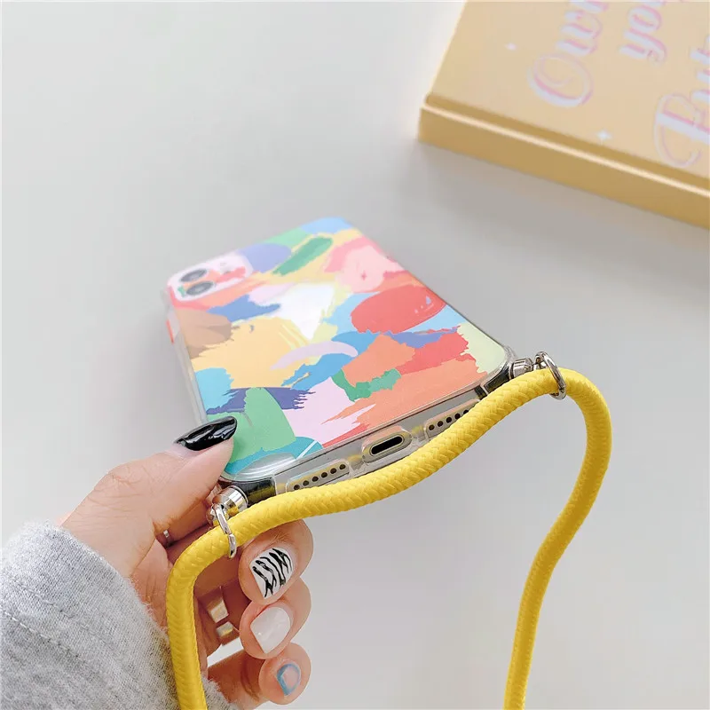 

Colorful Geometric Graffiti Cord Phone Case For iPhone 12 Mini 11 Pro Max XR XS Max 8 7 Plus X Lanyard Soft Back Cover