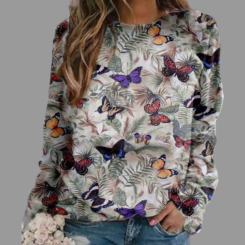 2022 New Trend Women Clothing Colorful Butterfly Print Long Sleeve Sweatshirt Spring Essential Female Tops Pop O-neck Pullover