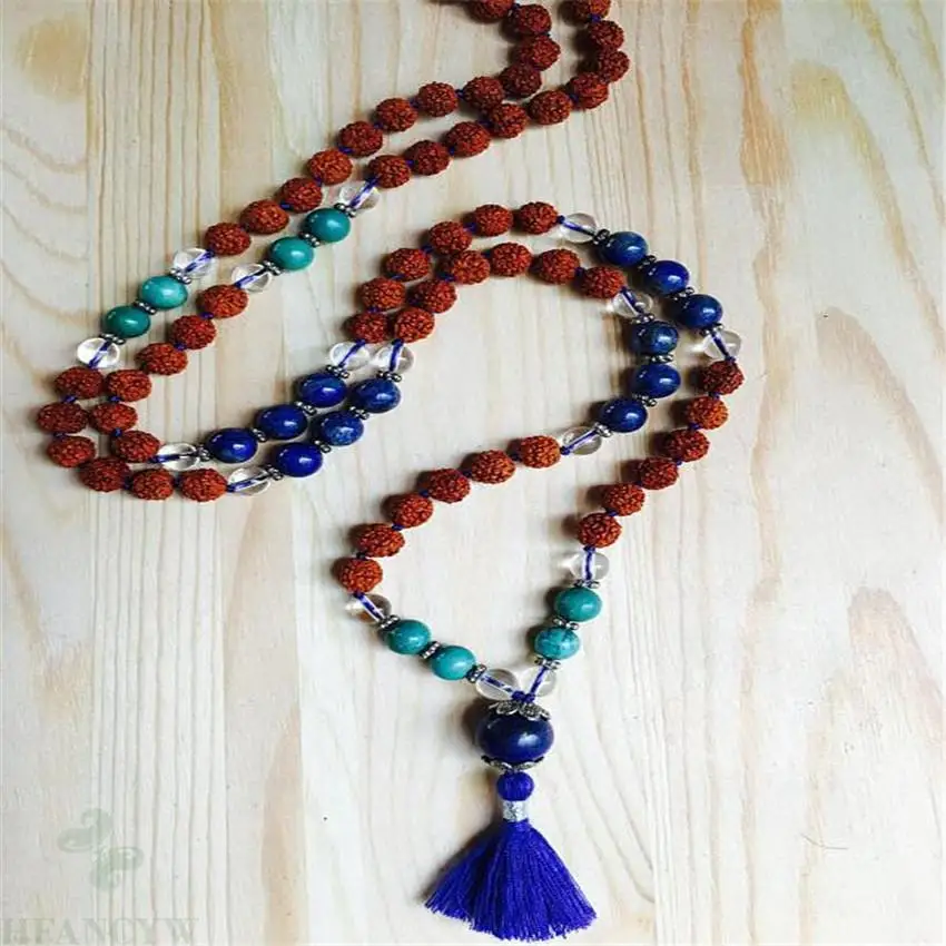 

8mm Rudraksha Lapis lazuli 108 Beads Tassels Mala Necklace spirituality Bless Lucky MONK Handmade Chakas pray energy Unisex