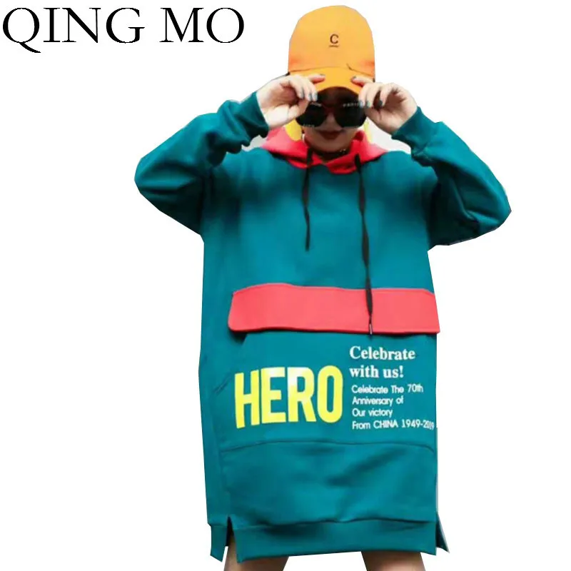 QING MO черный и зеленый цвета Женская толстовка с капюшоном 2019 буквенным принтом