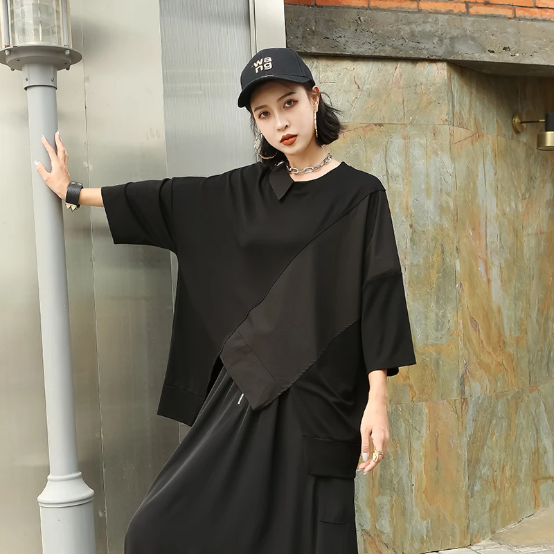 

Женская Асимметричная футболка, повседневный однотонный топ большого размера с коротким рукавом, в стиле пэчворк, лето 210403