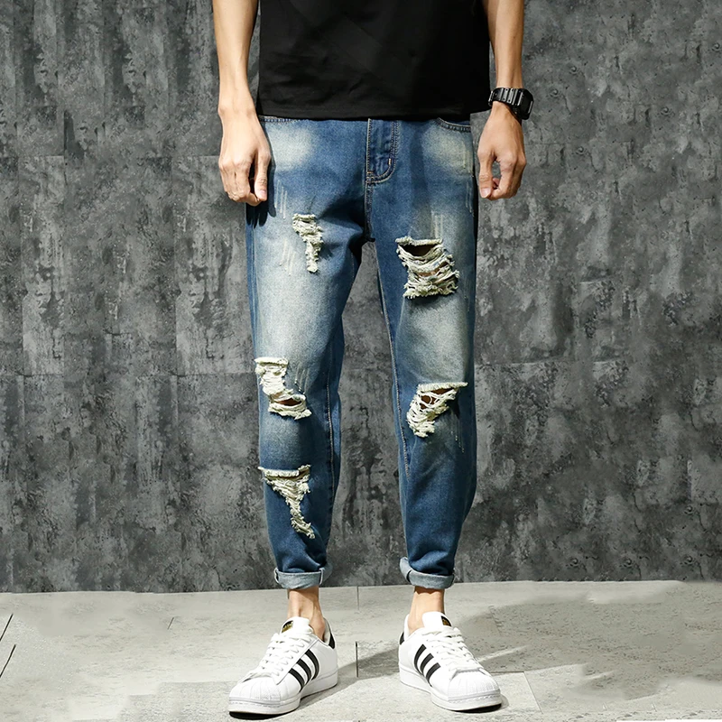 

2018 Spring New Men's Loose Harem Ripped Jeans Extra Large Size Ankle-Length Hole Lightweight Blue Fashion Boy's Denim Trousers