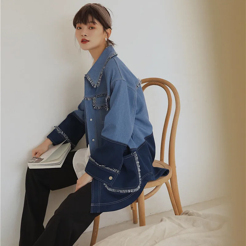 Tassel jean coat women temperament Spliced Long-sleeved Denim Jacket Casual Fashion Loose Plus Woman Coat 2020 Spring New NZY109 |