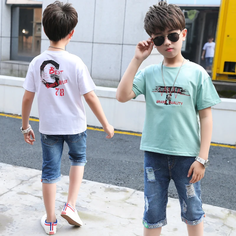 Children Cute Fashion Summer Kids Boy Clothes 2 Piece Set White T-Shirt Shredded Jeans 5-14 Years |