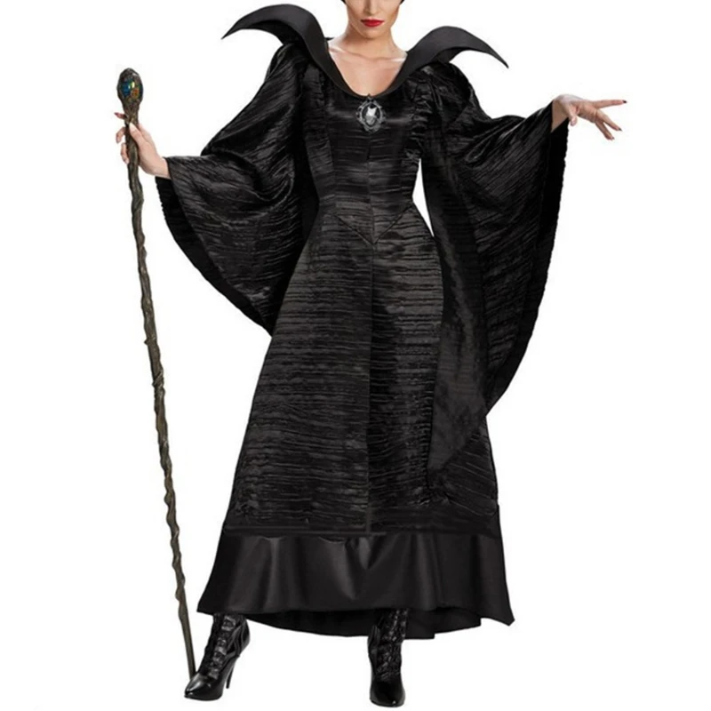 

Halloween Movie Sleeping Beauty Witch Deluxe Black Long Gown Evil Queen Witch Dress Cosplay Party Costume with Horn Headpiece