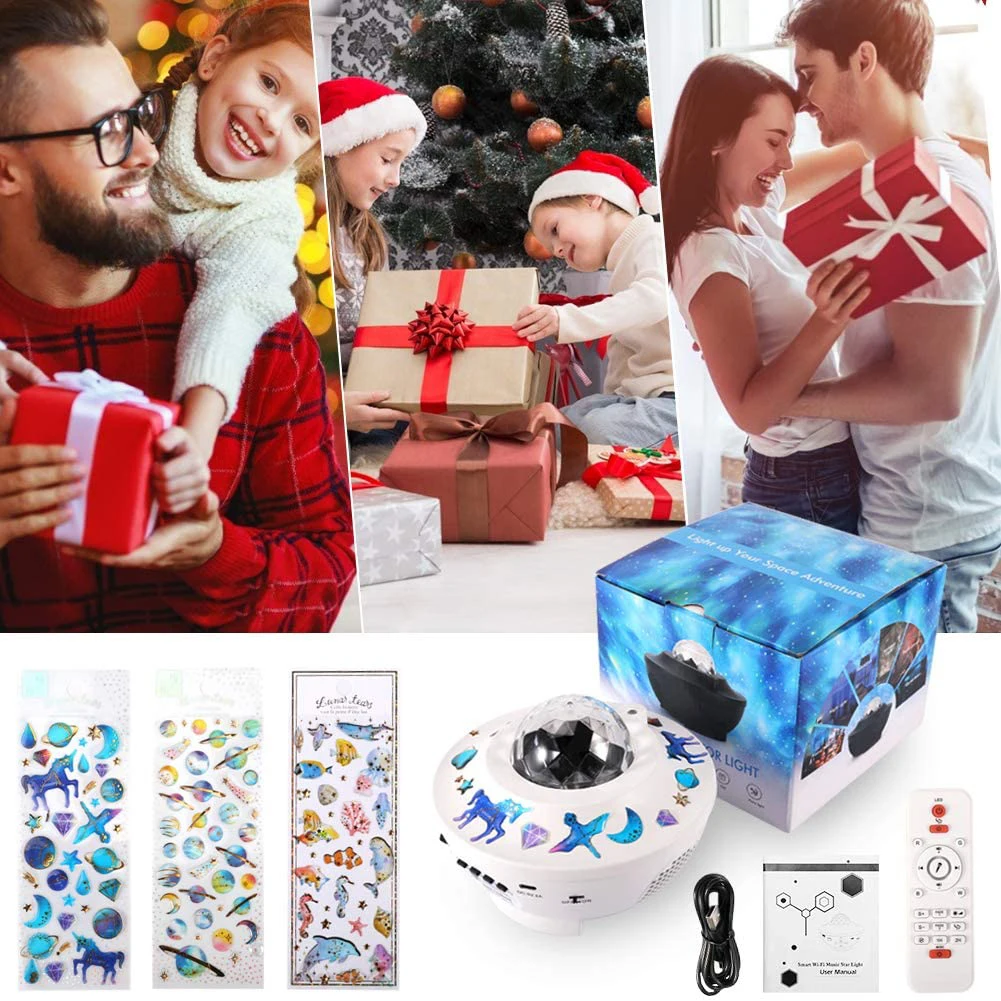

DIY Sticker Remote Control Music Player Galaxy Star Light LED Starry Sky Projector Voice Water Wave Night Lamp