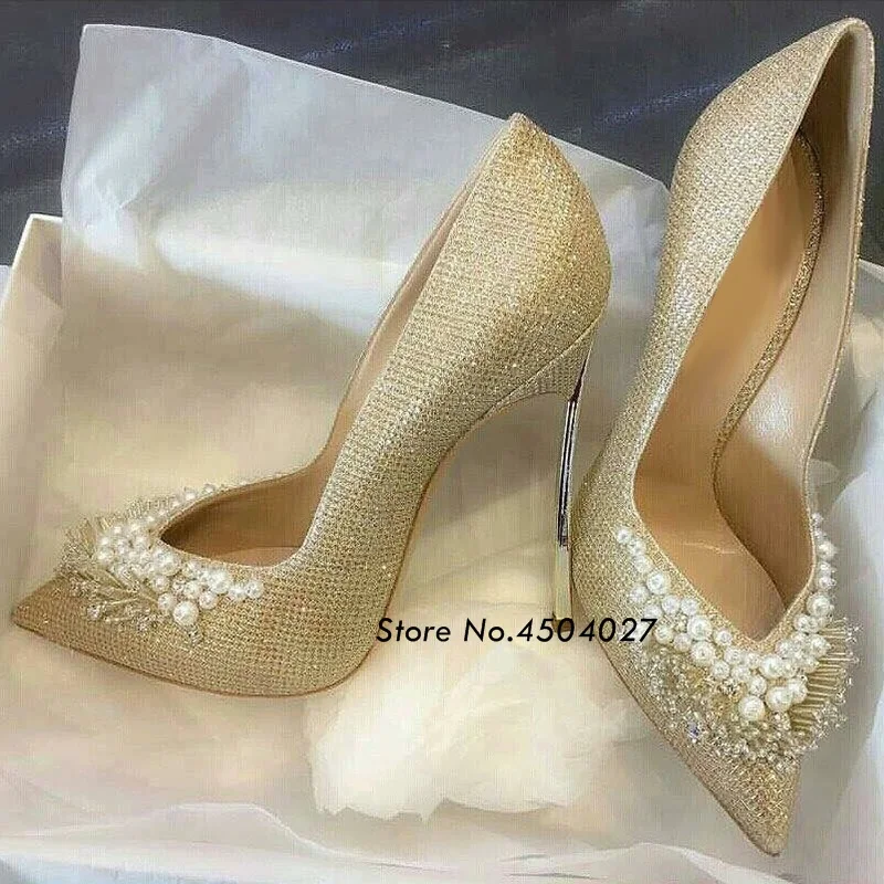 Fashion Pearl Crystal High Heels New Women's Sexy Pointed Toe Wedding Bride Dress Shoes 12 cm/10 cm | Обувь