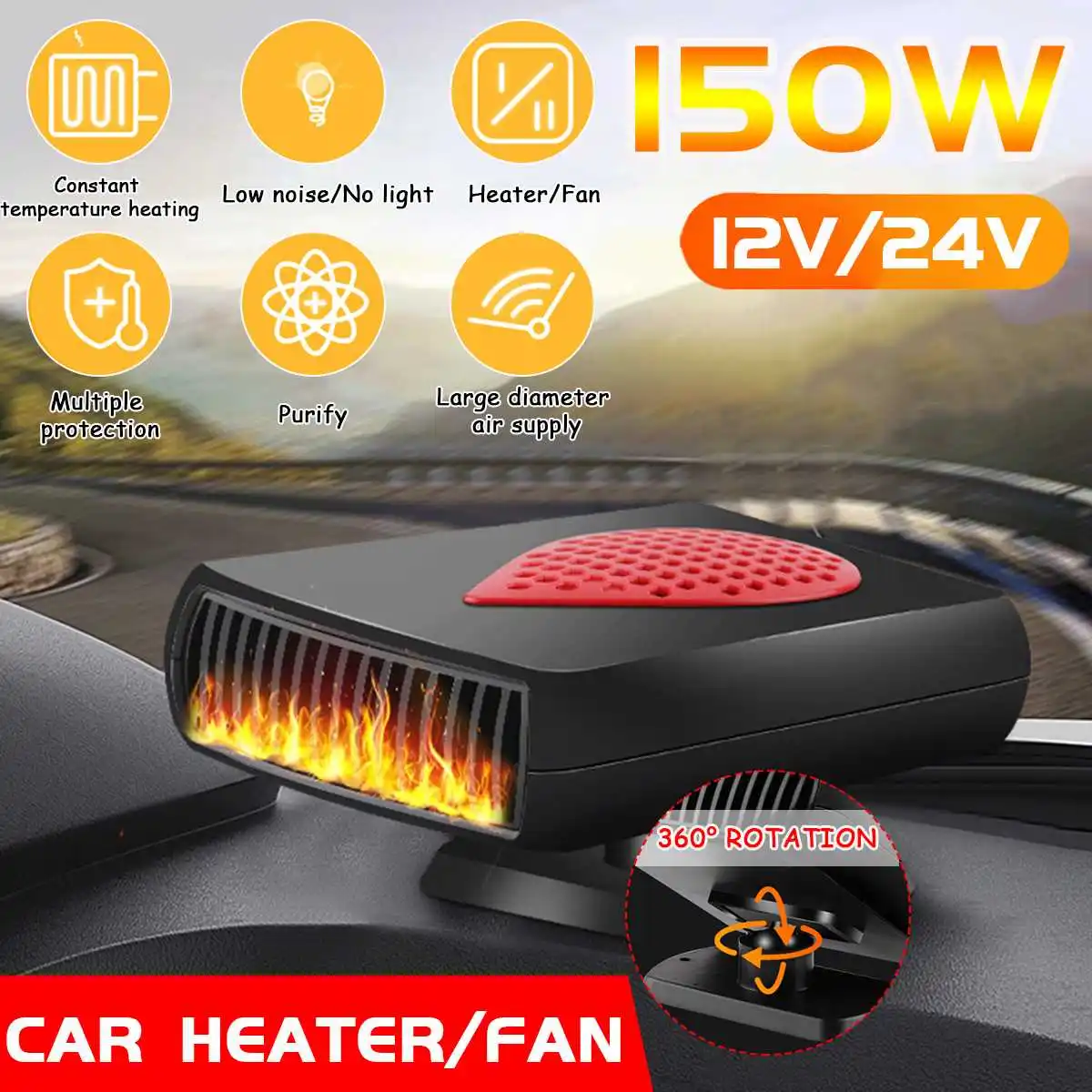 

150W Car Heater Defroster Demister Heating Cooling Fan Adjustment Demister Defogger Purify 360 Degree Rotation Electric Heater