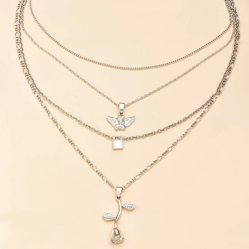 4 шт./компл. женские ожерелья набор ретро роза Ангел ребенок замок висит ключица