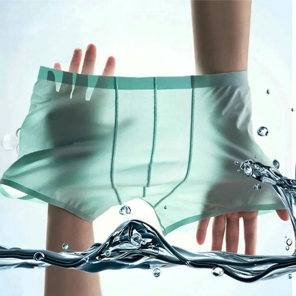 

Men's 2pcs Ice Silk Underwear Male Middle Waist Flat Angle Transparent Breathable Underpants Male Ultra-thin Four-legged Pants
